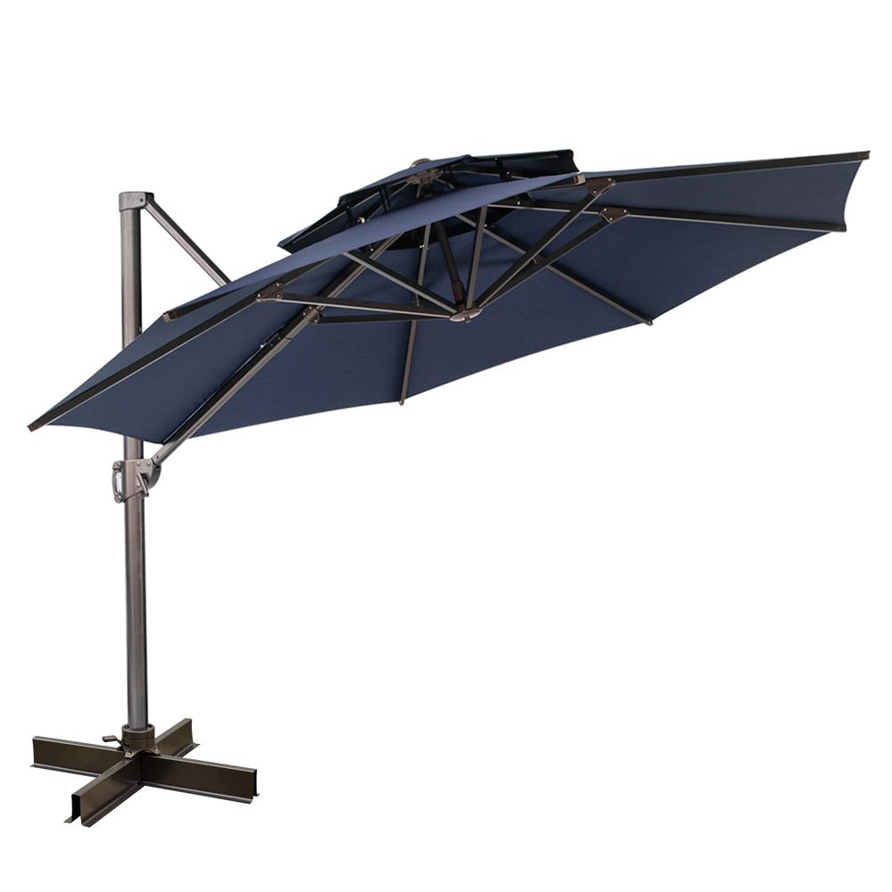 12' Navy Blue Polyester Round Tilt Cantilever Patio Umbrella With Stand. Picture 1