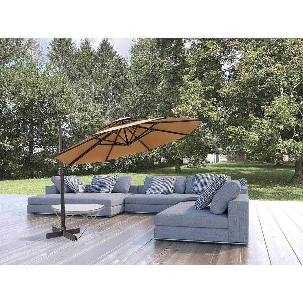 12' Tan Polyester Round Tilt Cantilever Patio Umbrella With Stand. Picture 3