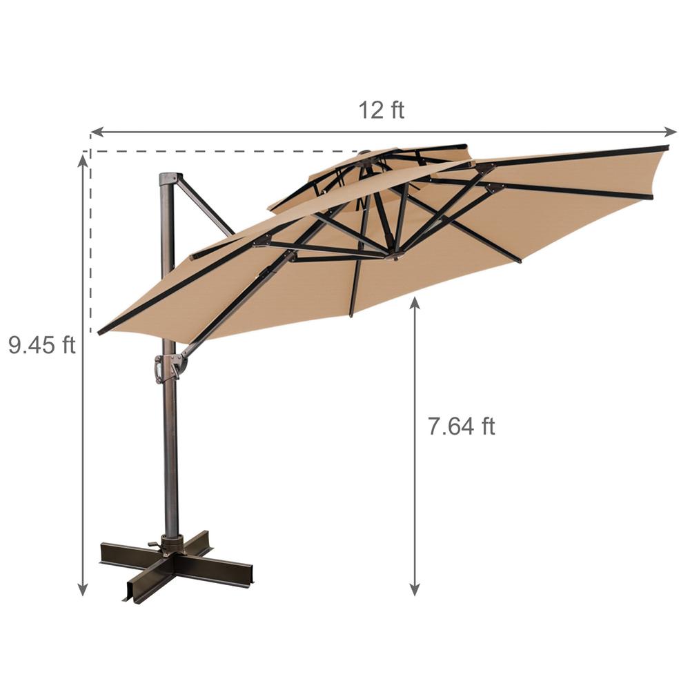 12' Tan Polyester Round Tilt Cantilever Patio Umbrella With Stand. Picture 9