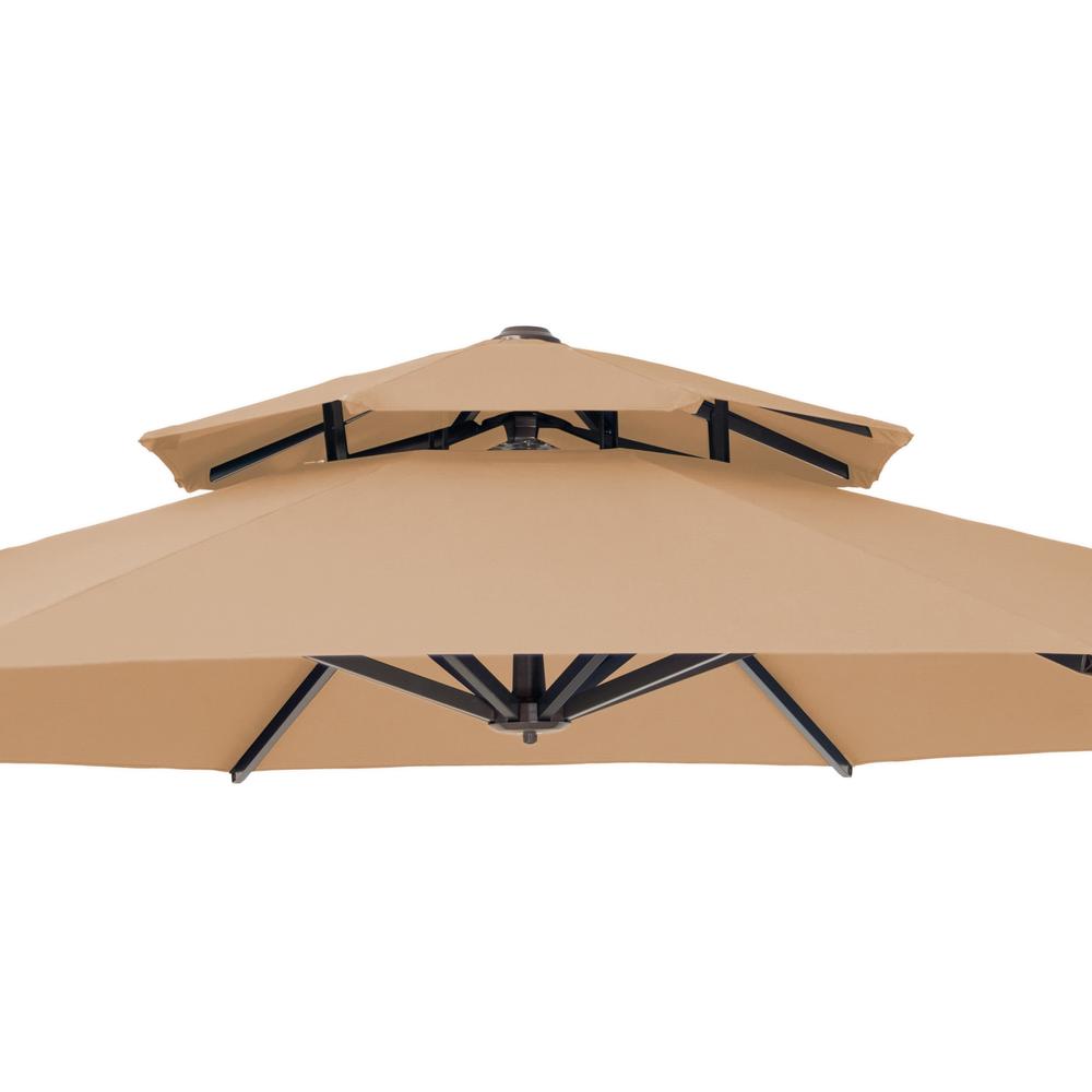 12' Tan Polyester Round Tilt Cantilever Patio Umbrella With Stand. Picture 5