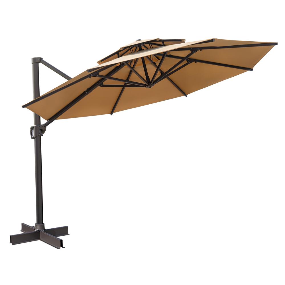 12' Tan Polyester Round Tilt Cantilever Patio Umbrella With Stand. Picture 1