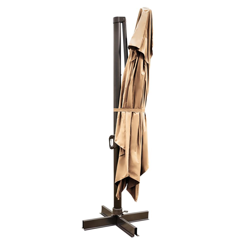 13' Tan Polyester Rectangular Tilt Cantilever Patio Umbrella With Stand. Picture 1
