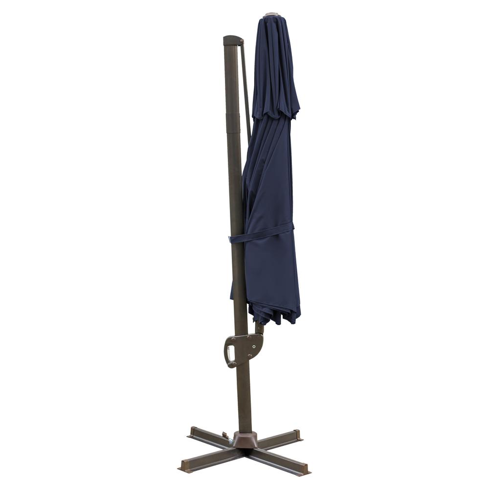 11.5' Navy Blue Polyester Round Tilt Cantilever Patio Umbrella With Stand. Picture 1