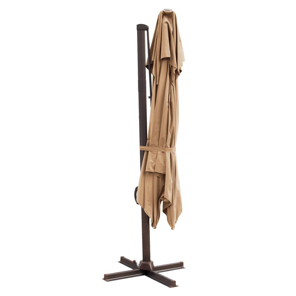 10' Tan Polyester Square Tilt Cantilever Patio Umbrella With Stand. Picture 1