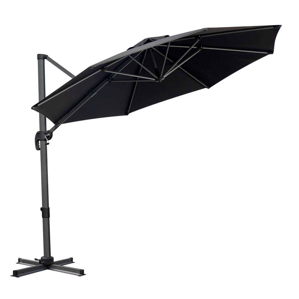 10' Black Polyester Round Tilt Cantilever Patio Umbrella With Stand. Picture 1