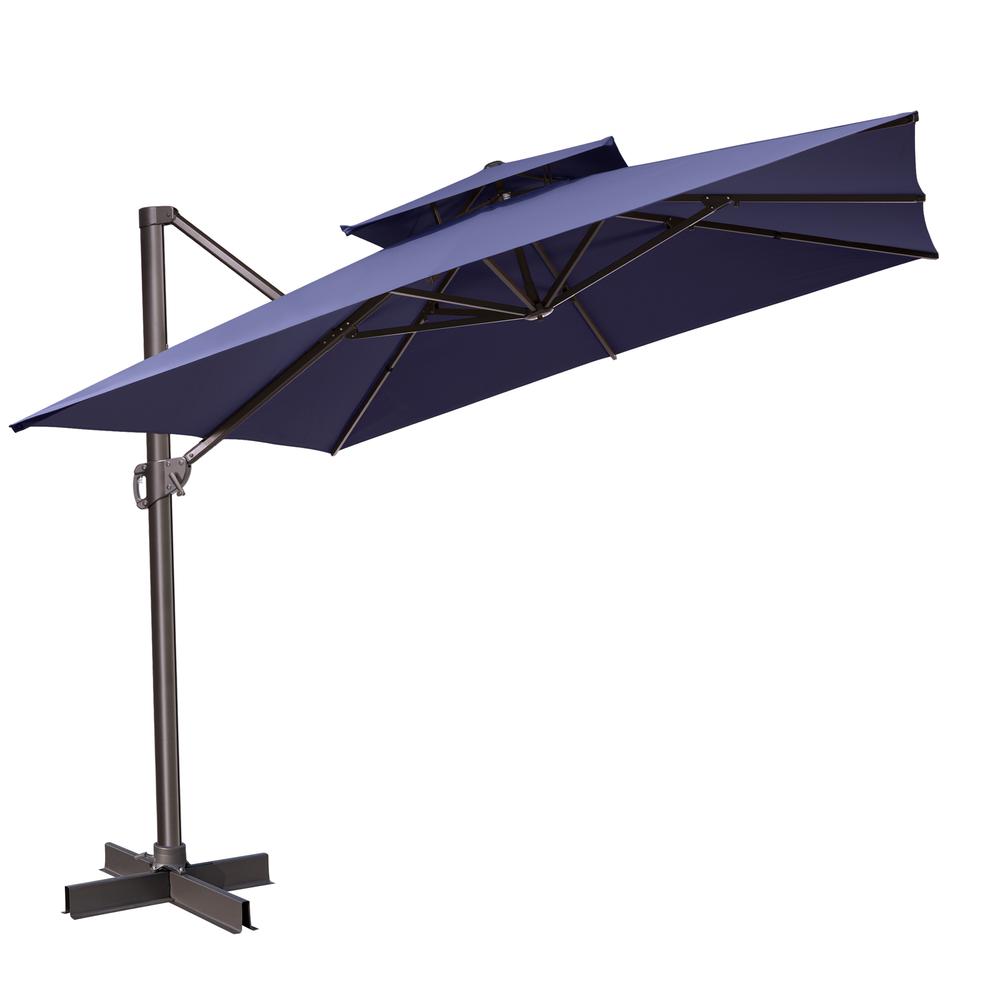 11' Navy Blue Polyester Square Tilt Cantilever Patio Umbrella With Stand. Picture 1