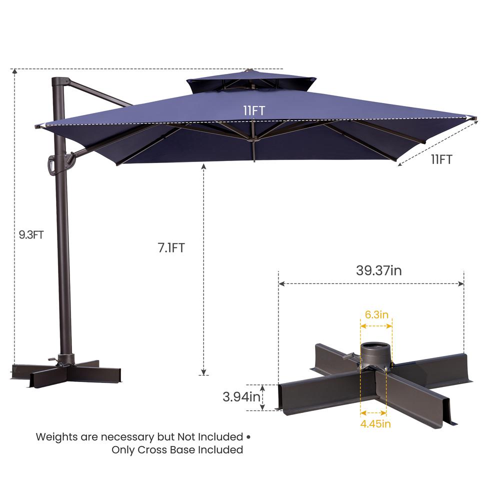 11' Navy Blue Polyester Square Tilt Cantilever Patio Umbrella With Stand. Picture 4