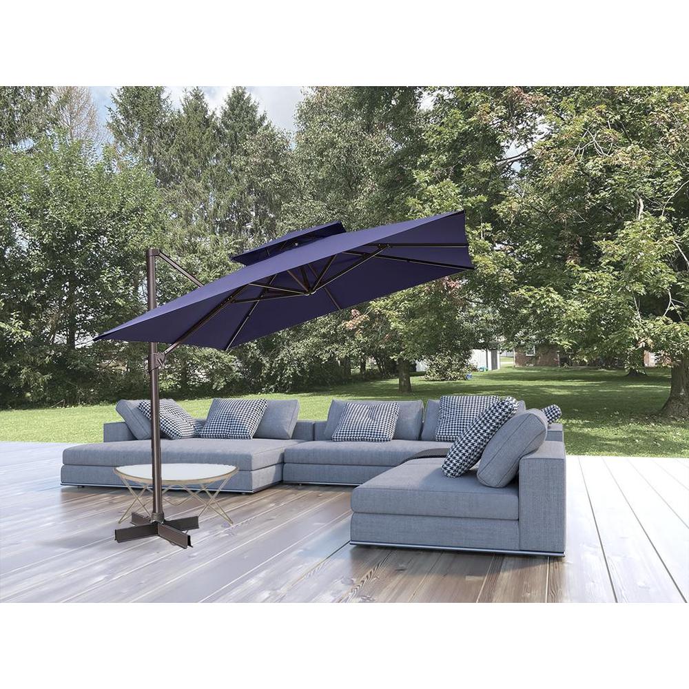 11' Navy Blue Polyester Square Tilt Cantilever Patio Umbrella With Stand. Picture 2