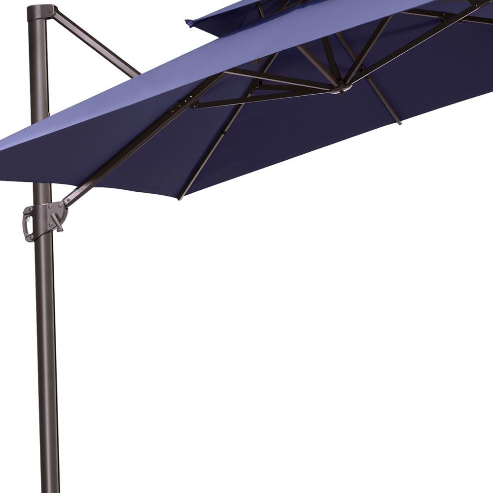 11' Navy Blue Polyester Square Tilt Cantilever Patio Umbrella With Stand. Picture 3