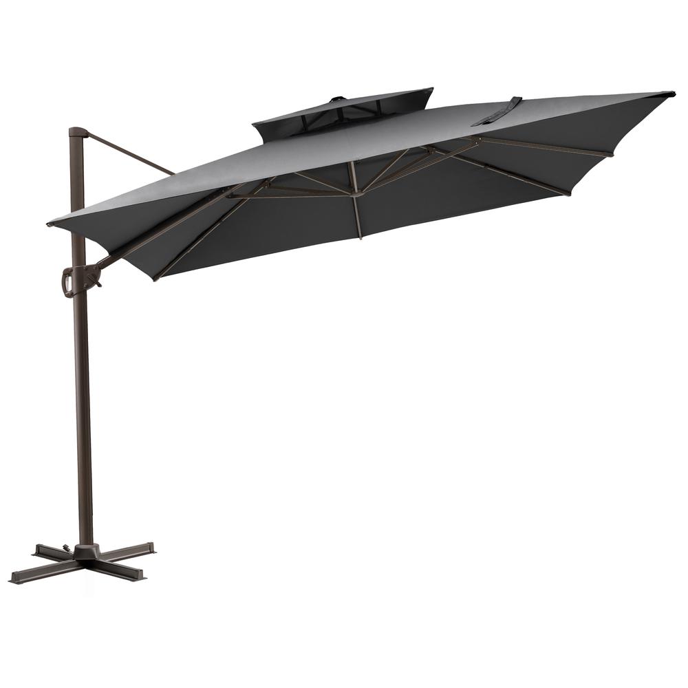 11' Dark Gray Polyester Round Tilt Cantilever Patio Umbrella With Stand. Picture 1