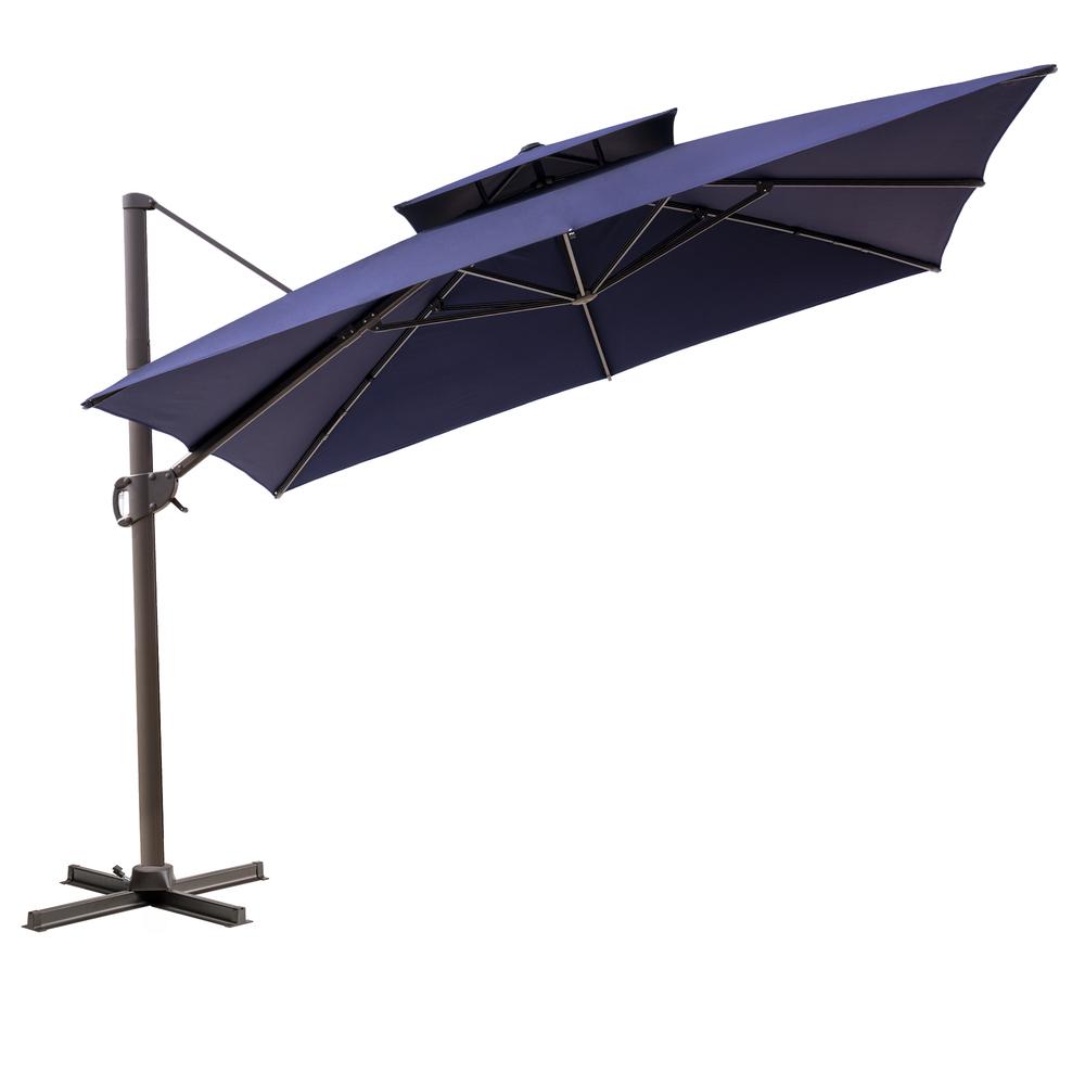 11' Navy Blue Polyester Round Tilt Cantilever Patio Umbrella With Stand. Picture 1