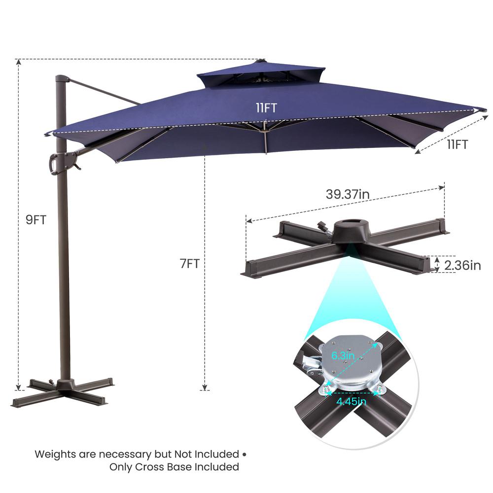 11' Navy Blue Polyester Round Tilt Cantilever Patio Umbrella With Stand. Picture 4