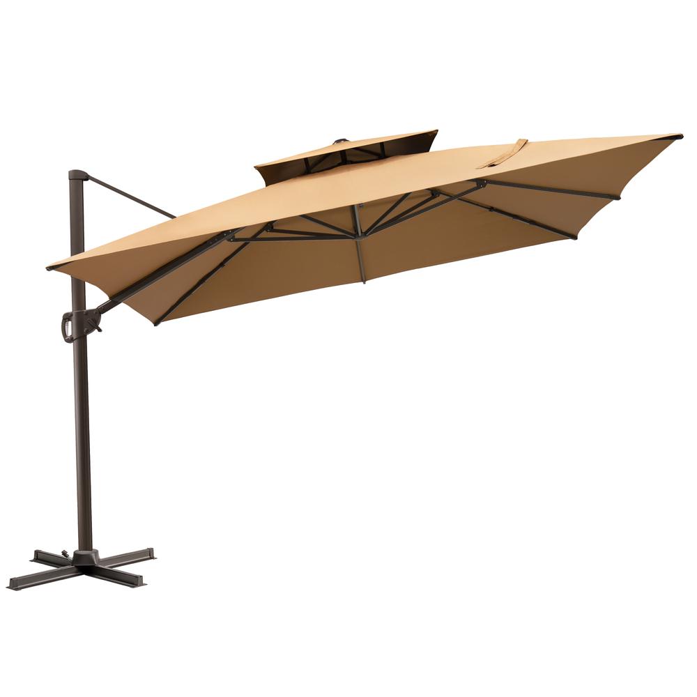 11' Tan Polyester Round Tilt Cantilever Patio Umbrella With Stand. Picture 2