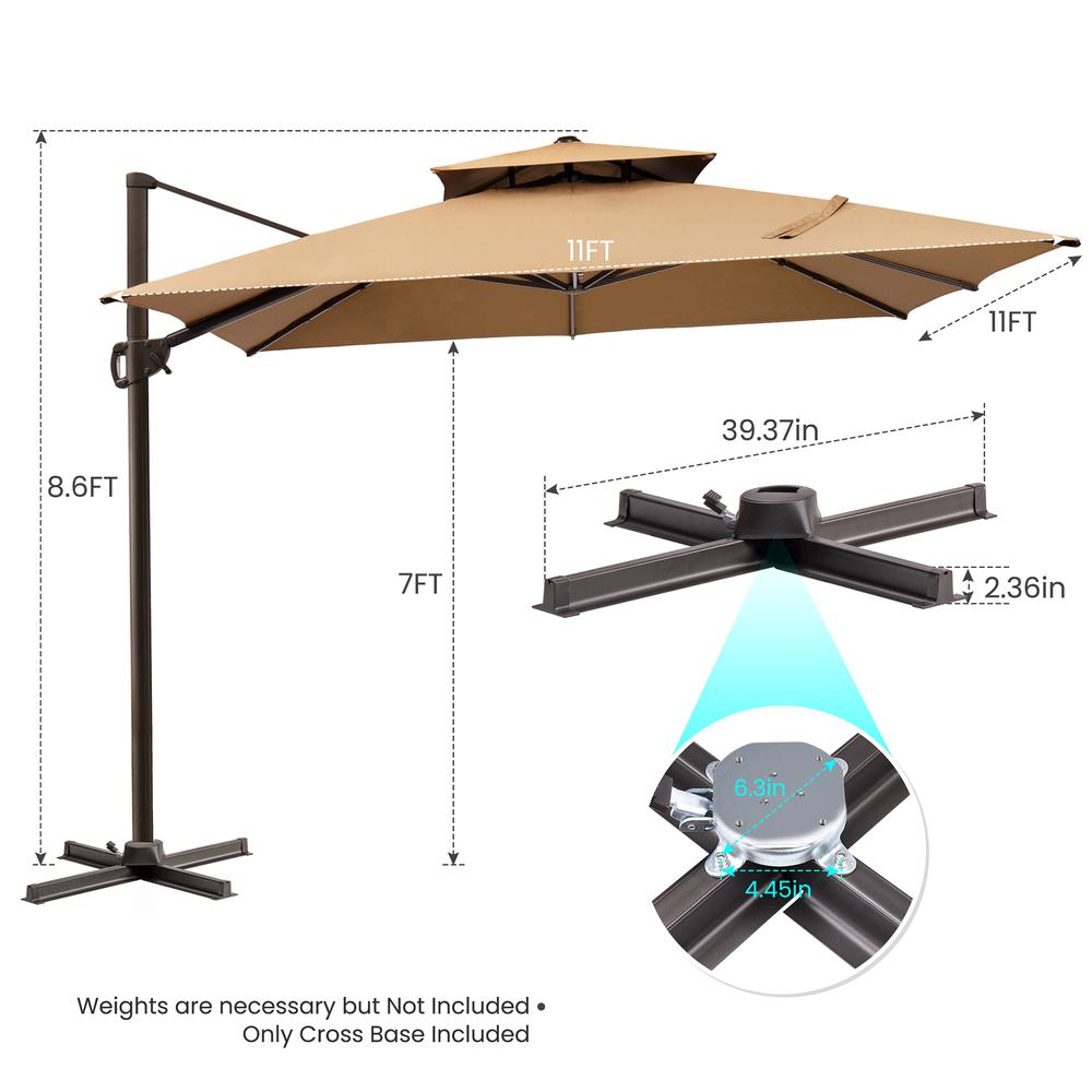 11' Tan Polyester Round Tilt Cantilever Patio Umbrella With Stand. Picture 5