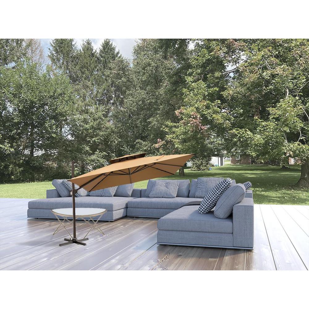 11' Tan Polyester Round Tilt Cantilever Patio Umbrella With Stand. Picture 3