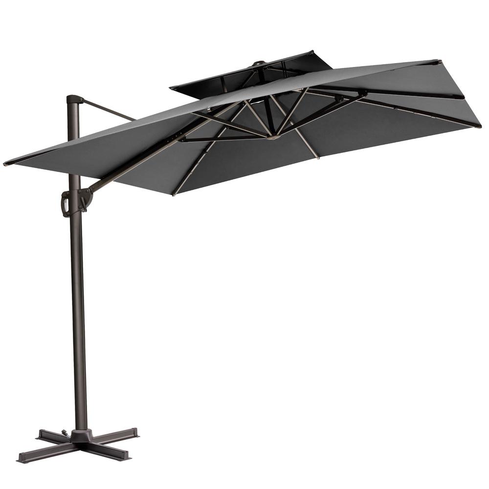 11' Dark Gray Polyester Round Tilt Cantilever Patio Umbrella With Stand. Picture 1