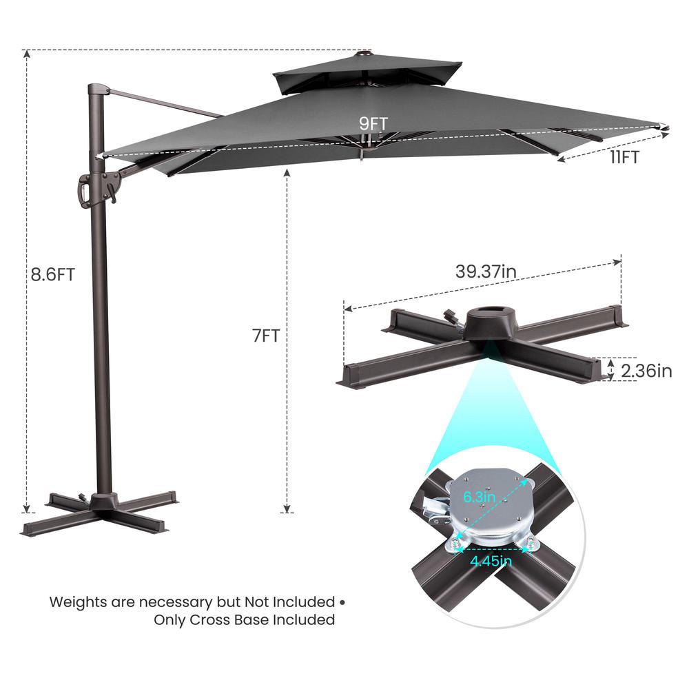 11' Dark Gray Polyester Round Tilt Cantilever Patio Umbrella With Stand. Picture 4
