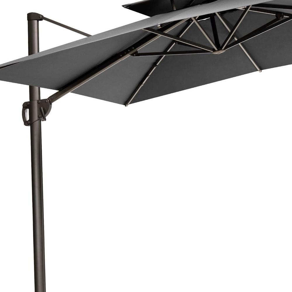 11' Dark Gray Polyester Round Tilt Cantilever Patio Umbrella With Stand. Picture 3