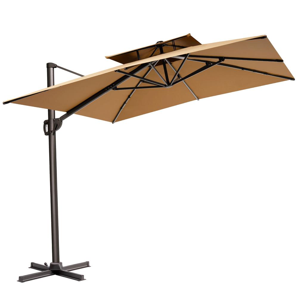 11' Tan Polyester Round Tilt Cantilever Patio Umbrella With Stand. Picture 1