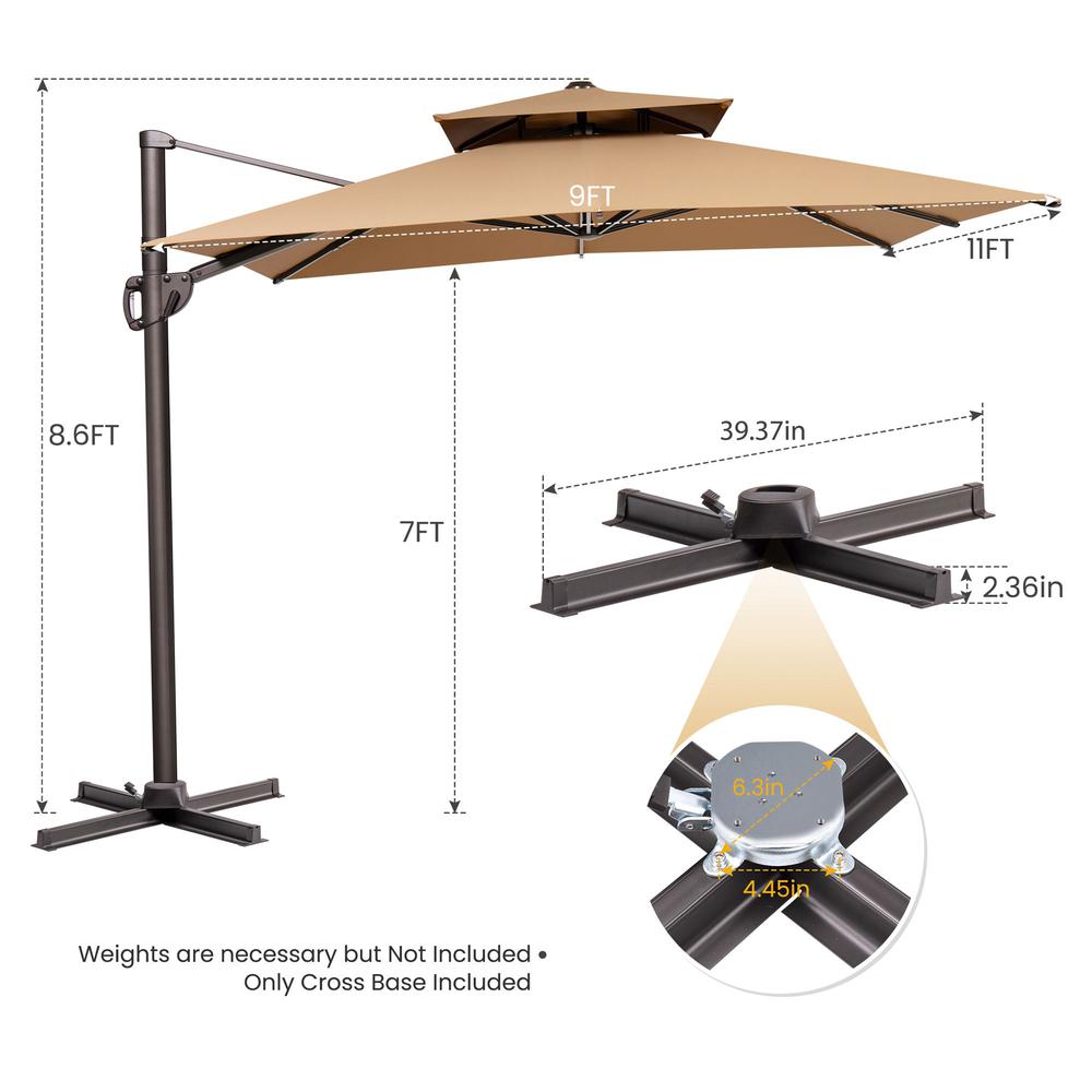 11' Tan Polyester Round Tilt Cantilever Patio Umbrella With Stand. Picture 3