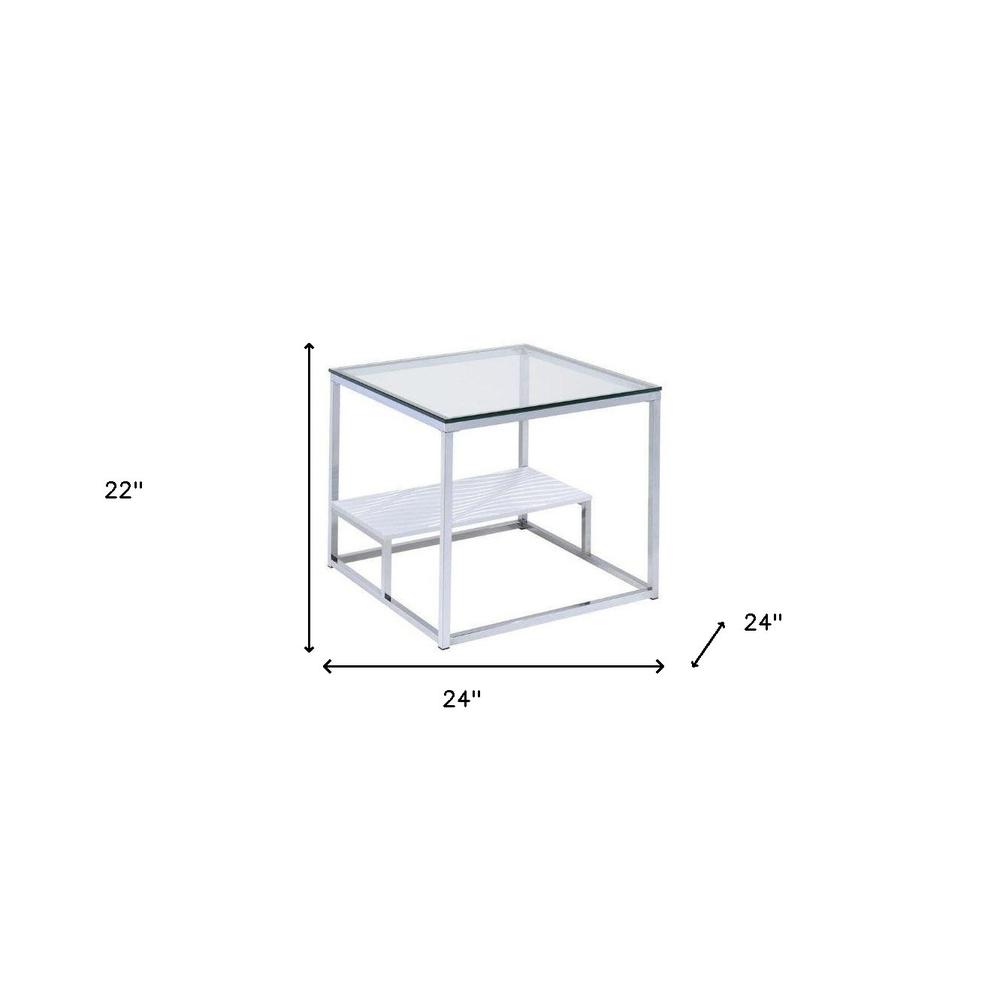 22" Chrome And Clear Glass Square End Table With Shelf. Picture 5