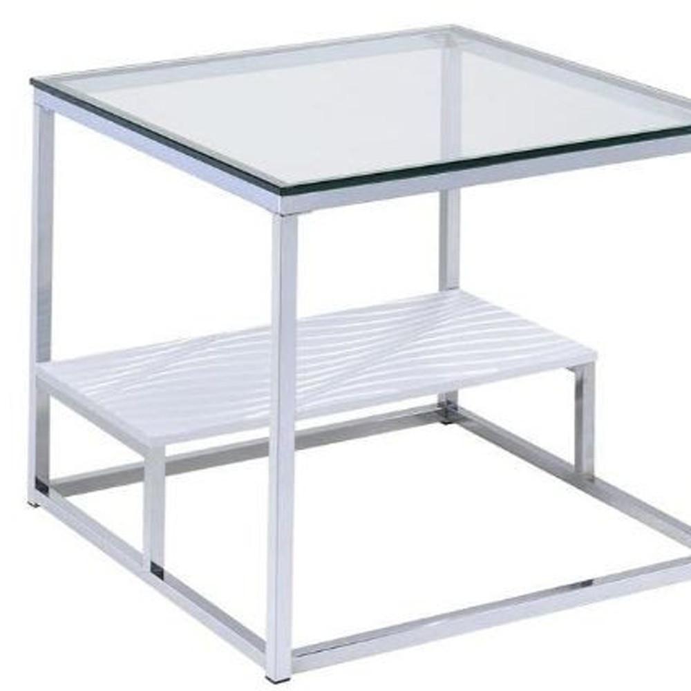 22" Chrome And Clear Glass Square End Table With Shelf. Picture 4