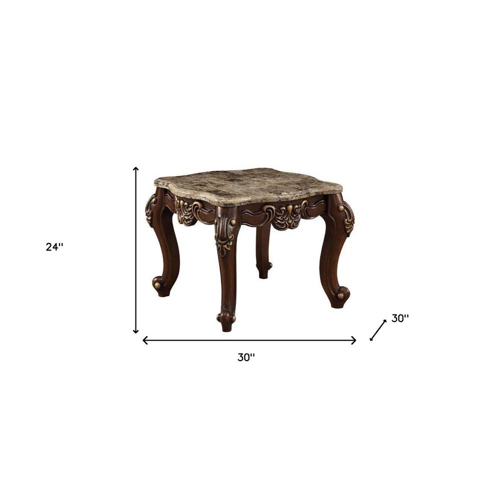 24" Walnut And Marble Marble And Solid Wood Square End Table. Picture 5