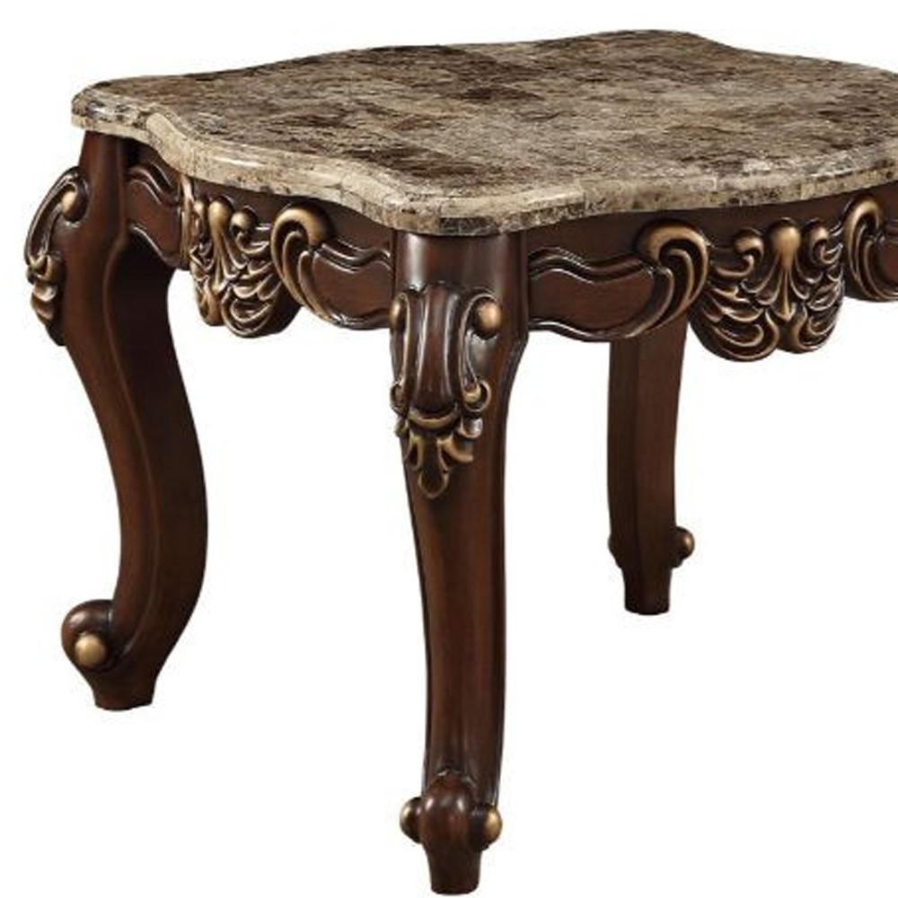 24" Walnut And Marble Marble And Solid Wood Square End Table. Picture 3