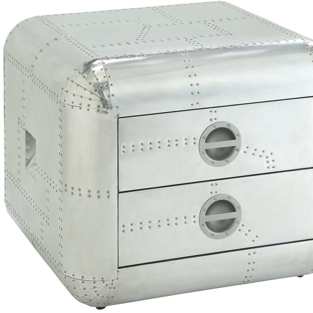 22" Silver Aluminum Aviator Trunk Style Square End Table With Two Drawers. Picture 3