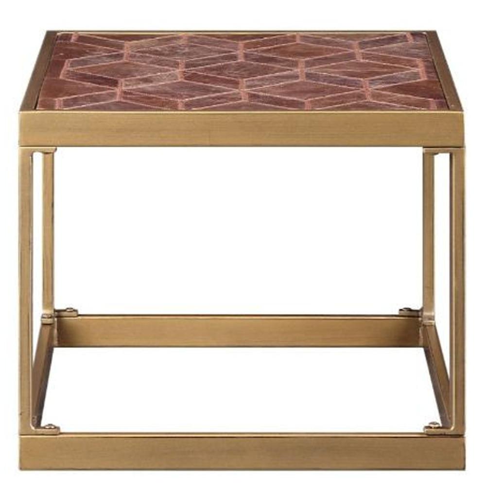16" Brass And Warm Brown Leather Rectangular End Table. Picture 4