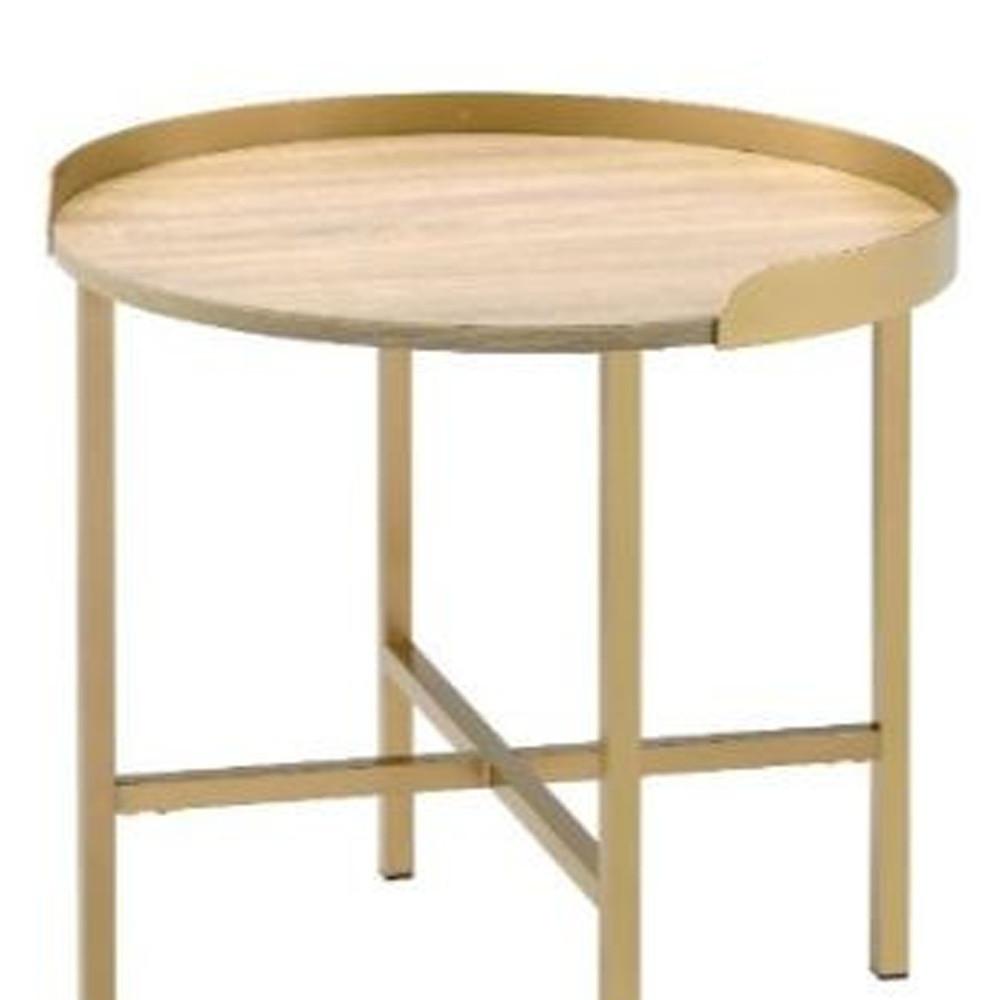 22" Gold And Oak Manufactured Wood And Metal Round End Table. Picture 4
