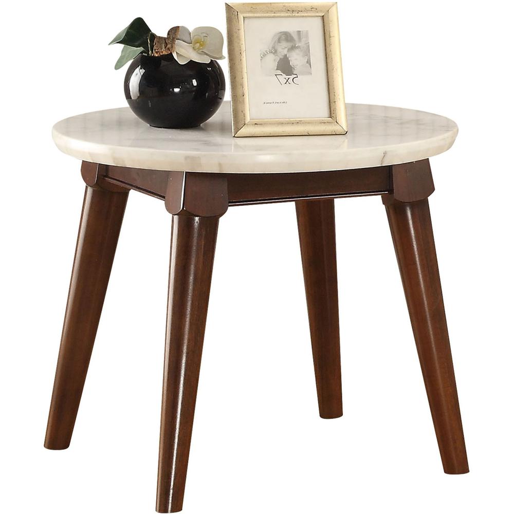 22" Walnut And White Faux Marble Round End Table. Picture 2