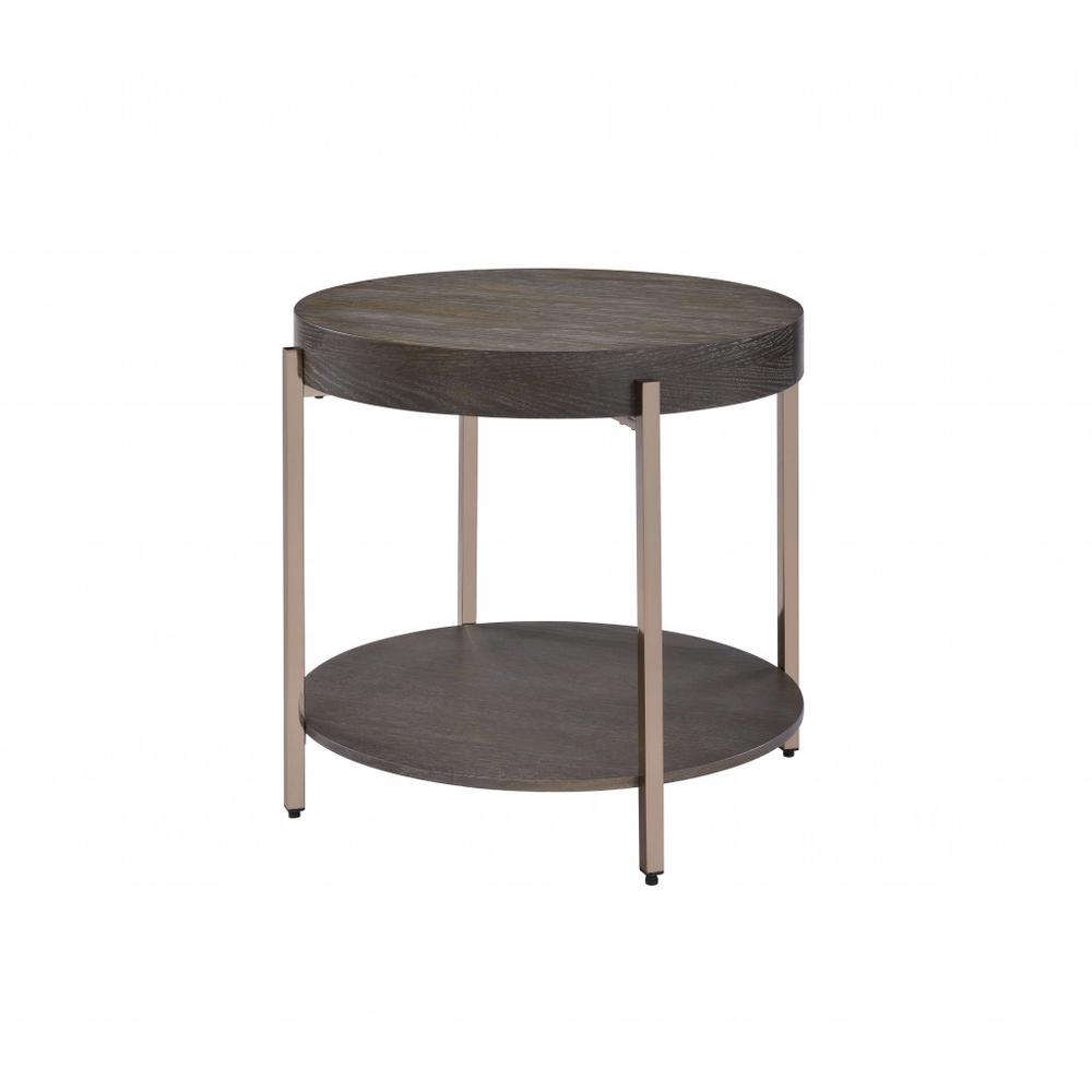 23" Champagne Metal And Dark Oak Manufactured Wood Round Two Tier End Table. Picture 1