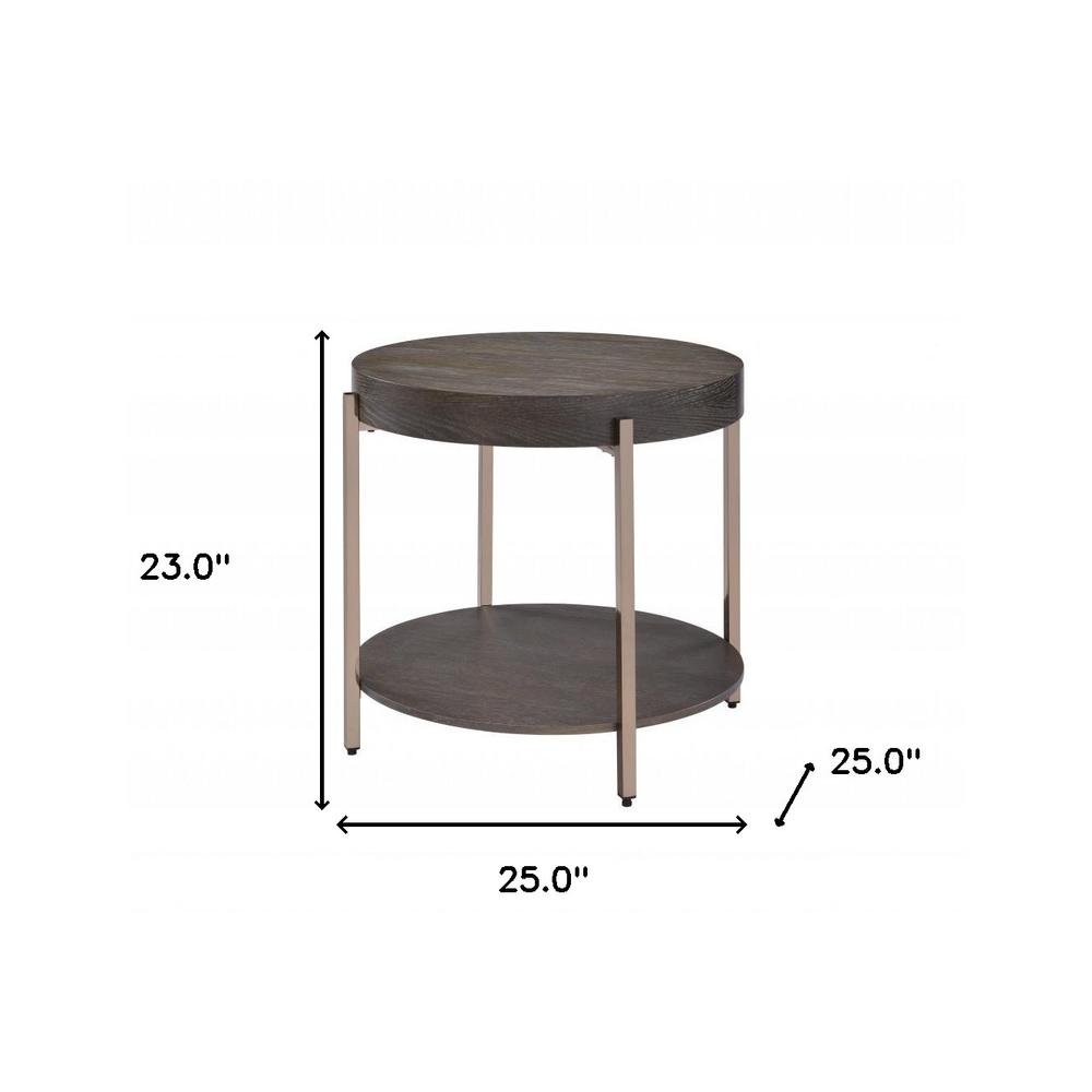 23" Champagne Metal And Dark Oak Manufactured Wood Round Two Tier End Table. Picture 2