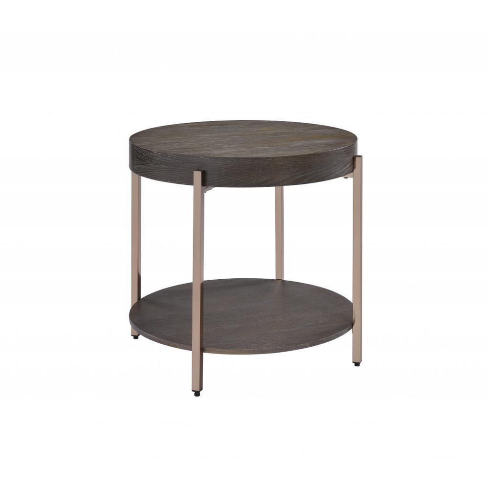 23" Champagne Metal And Dark Oak Manufactured Wood Round Two Tier End Table. Picture 3