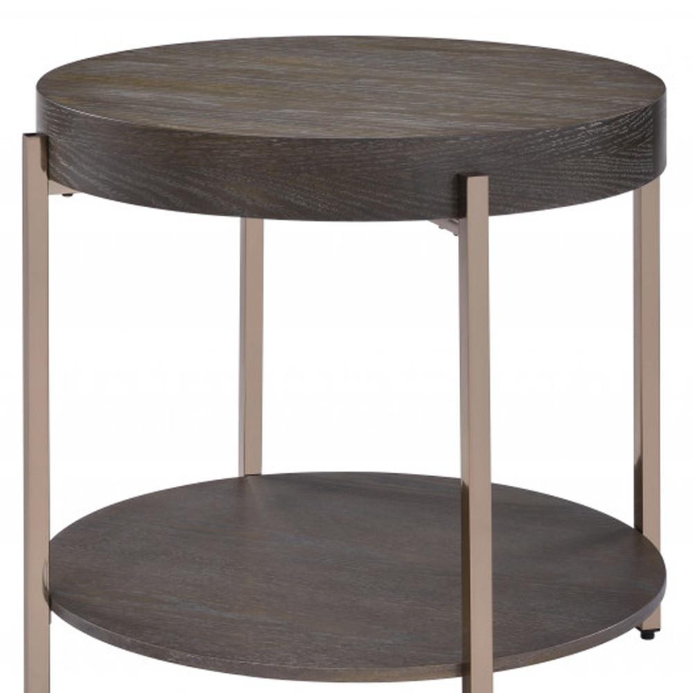 23" Champagne Metal And Dark Oak Manufactured Wood Round Two Tier End Table. Picture 4