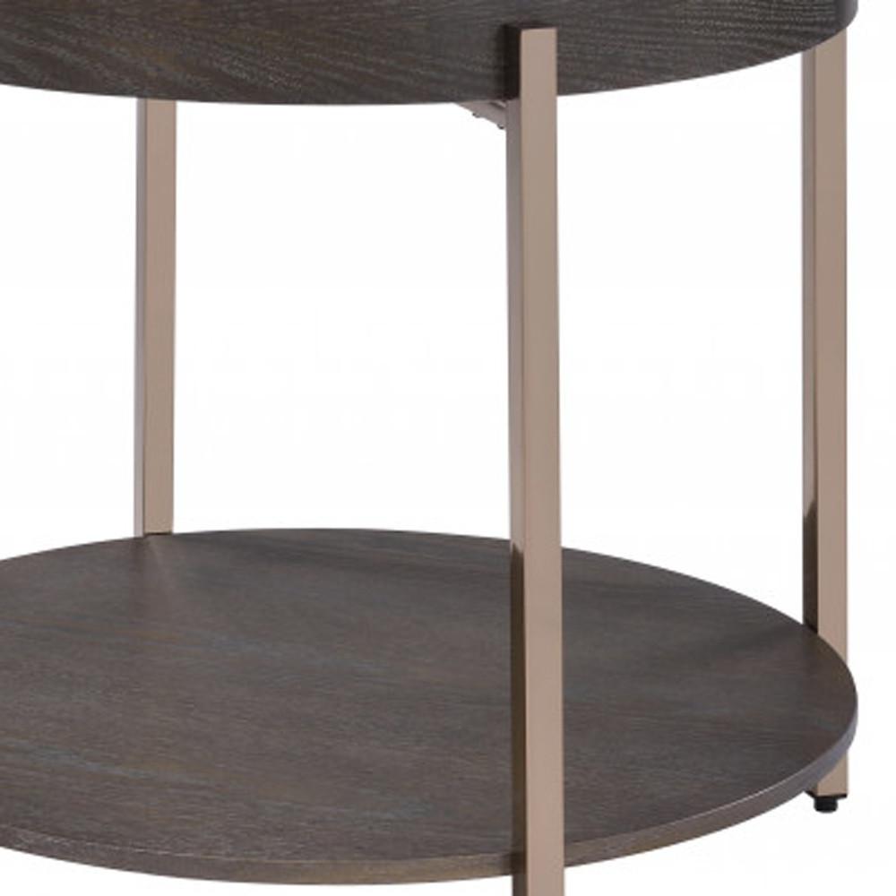 23" Champagne Metal And Dark Oak Manufactured Wood Round Two Tier End Table. Picture 5