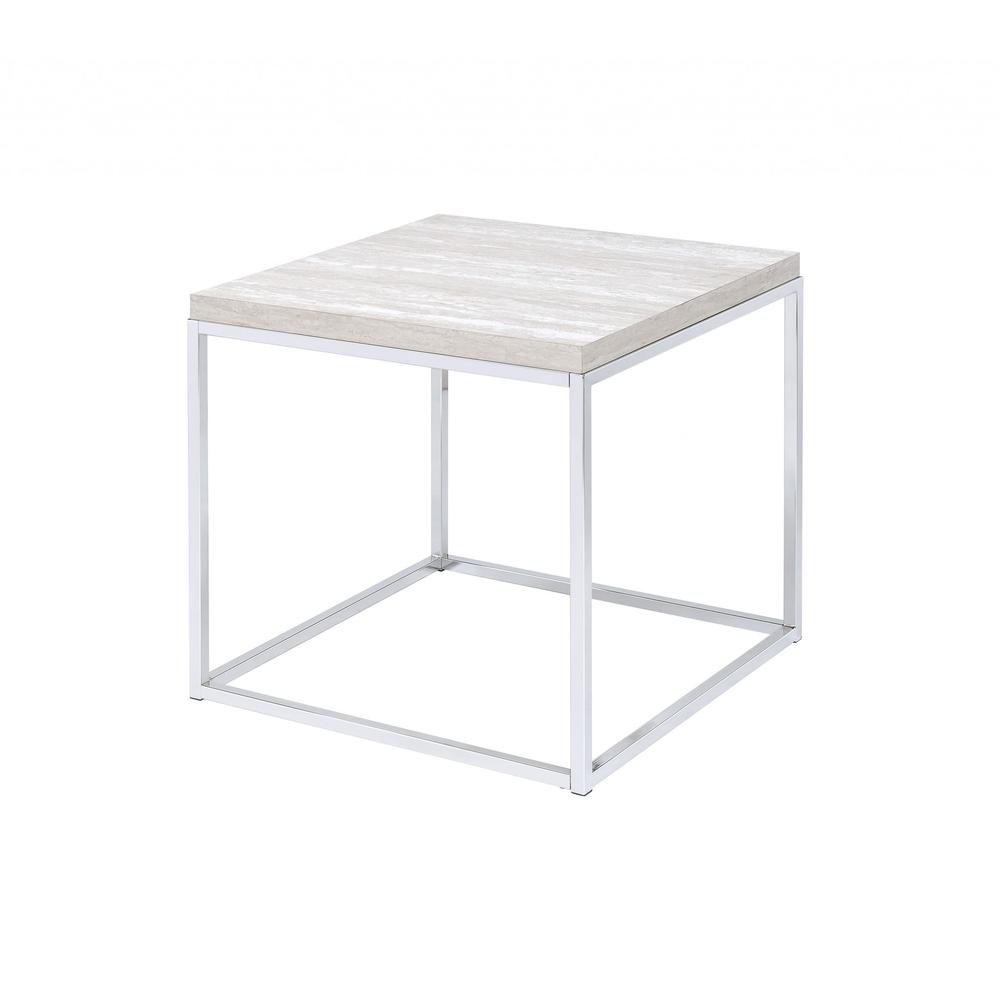 24" Chrome And White Oak Manufactured Wood And Metal Square End Table. Picture 1