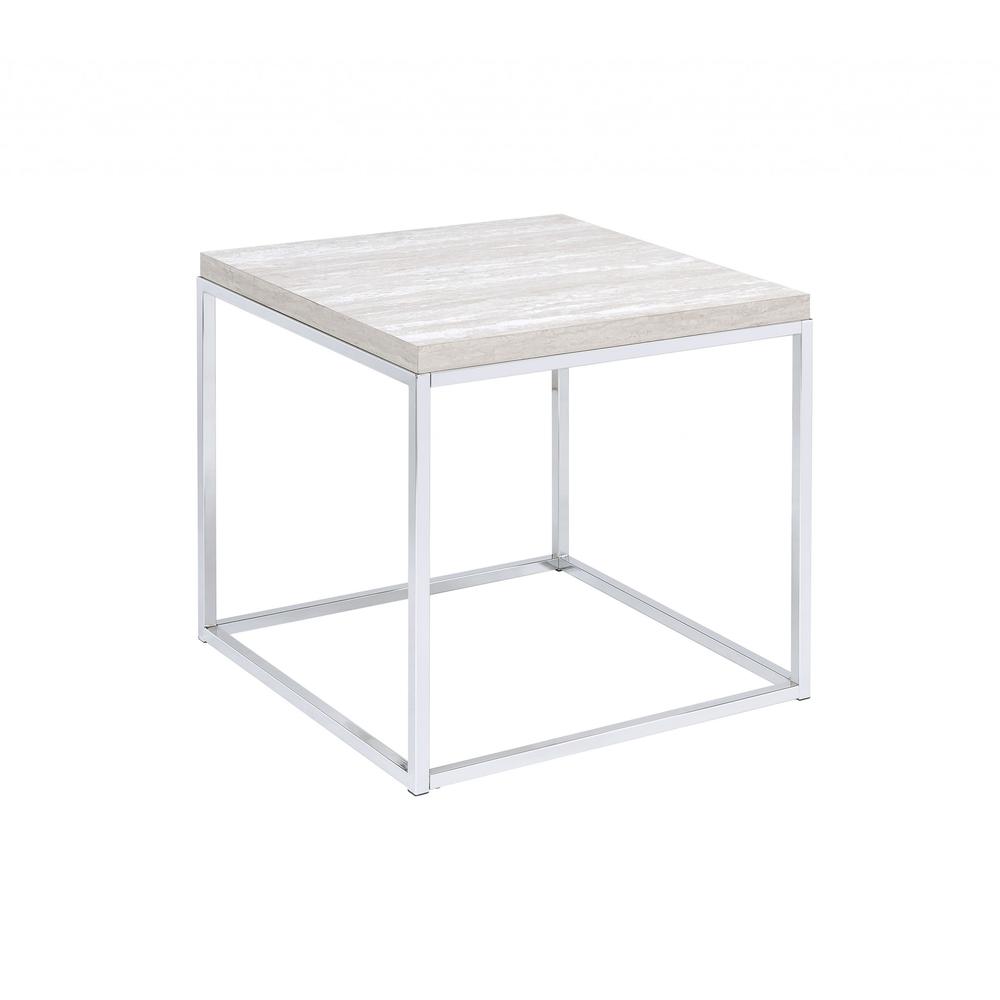 24" Chrome And White Oak Manufactured Wood And Metal Square End Table. Picture 2