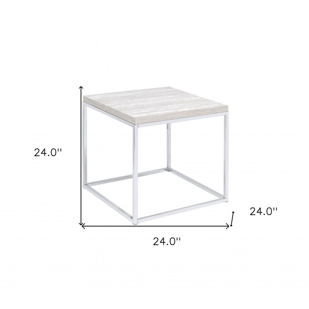 24" Chrome And White Oak Manufactured Wood And Metal Square End Table. Picture 6