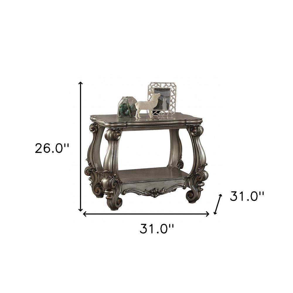 26" Antiqued Platinum Manufactured Wood And Polyresin Scroll Square End Table. Picture 2