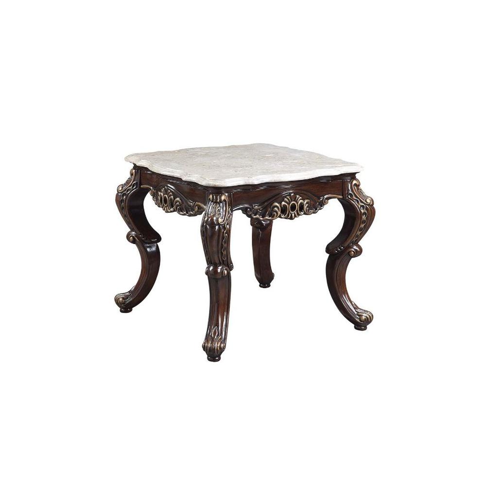 24" Antique Oak And Marble Marble And Resin Square End Table. Picture 1