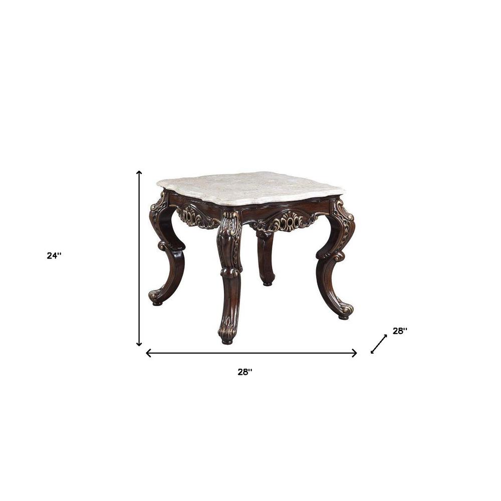 24" Antique Oak And Marble Marble And Resin Square End Table. Picture 5