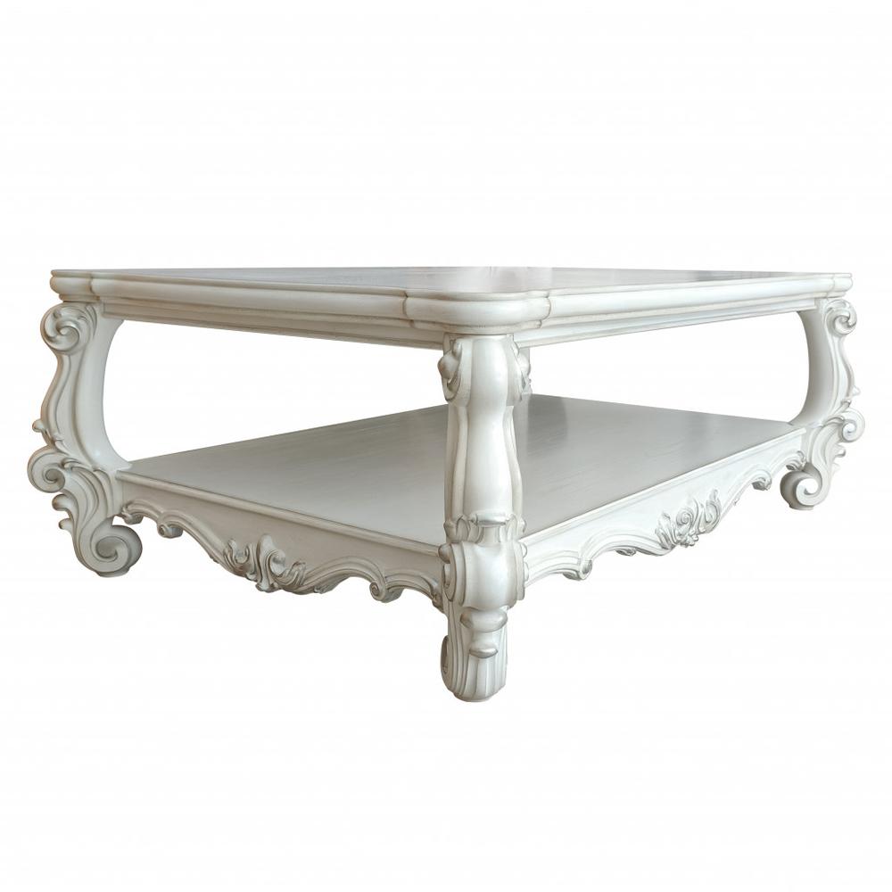 57" Antiqued White Rectangular Coffee Table With Shelf. Picture 2