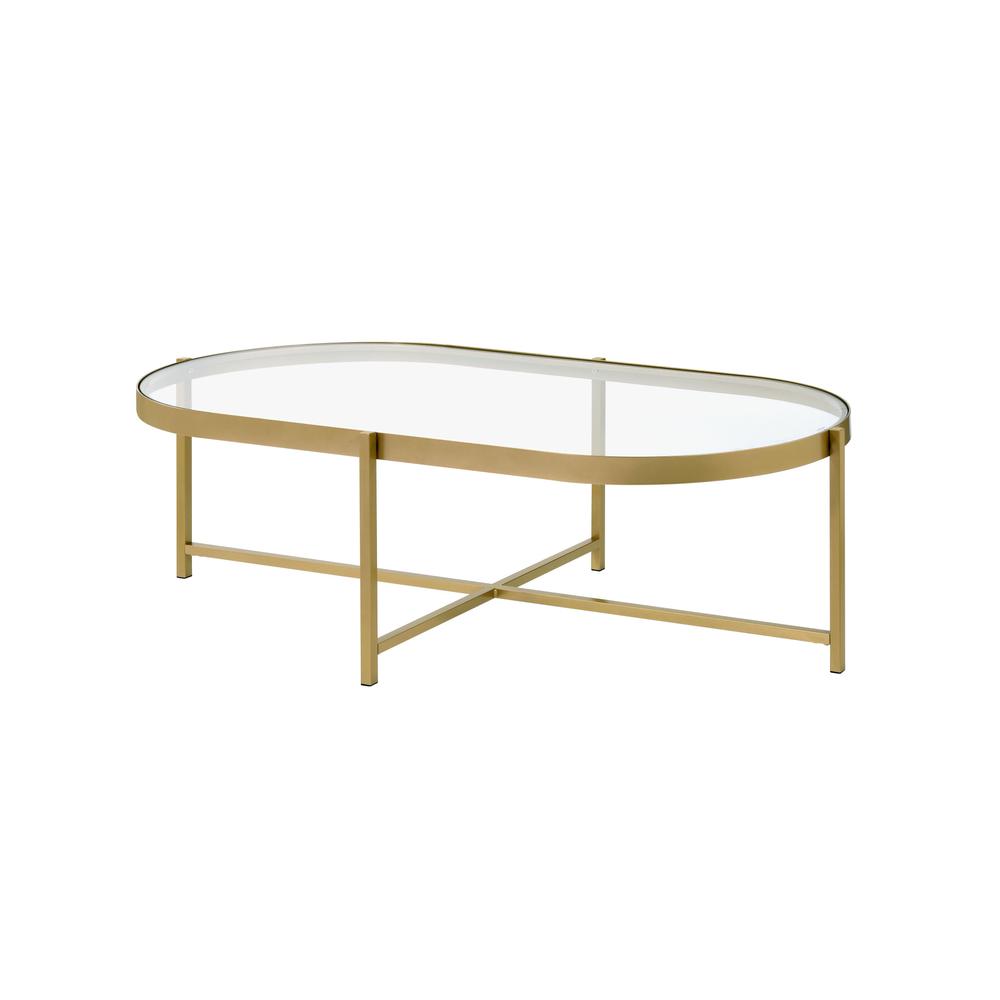 54" Gold And Clear Glass Oval Coffee Table. Picture 1