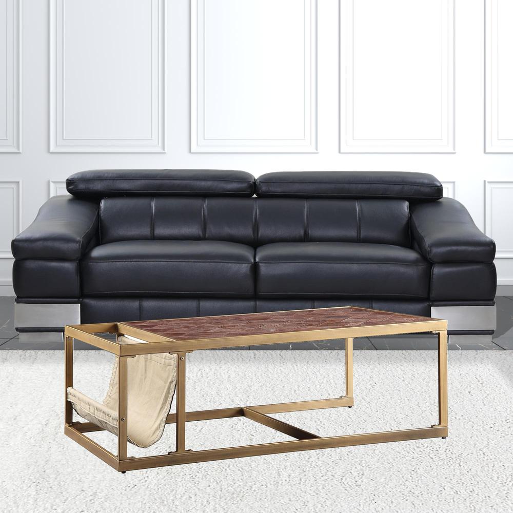51" Brass And Retro Brown Leather Rectangular Coffee Table. Picture 3