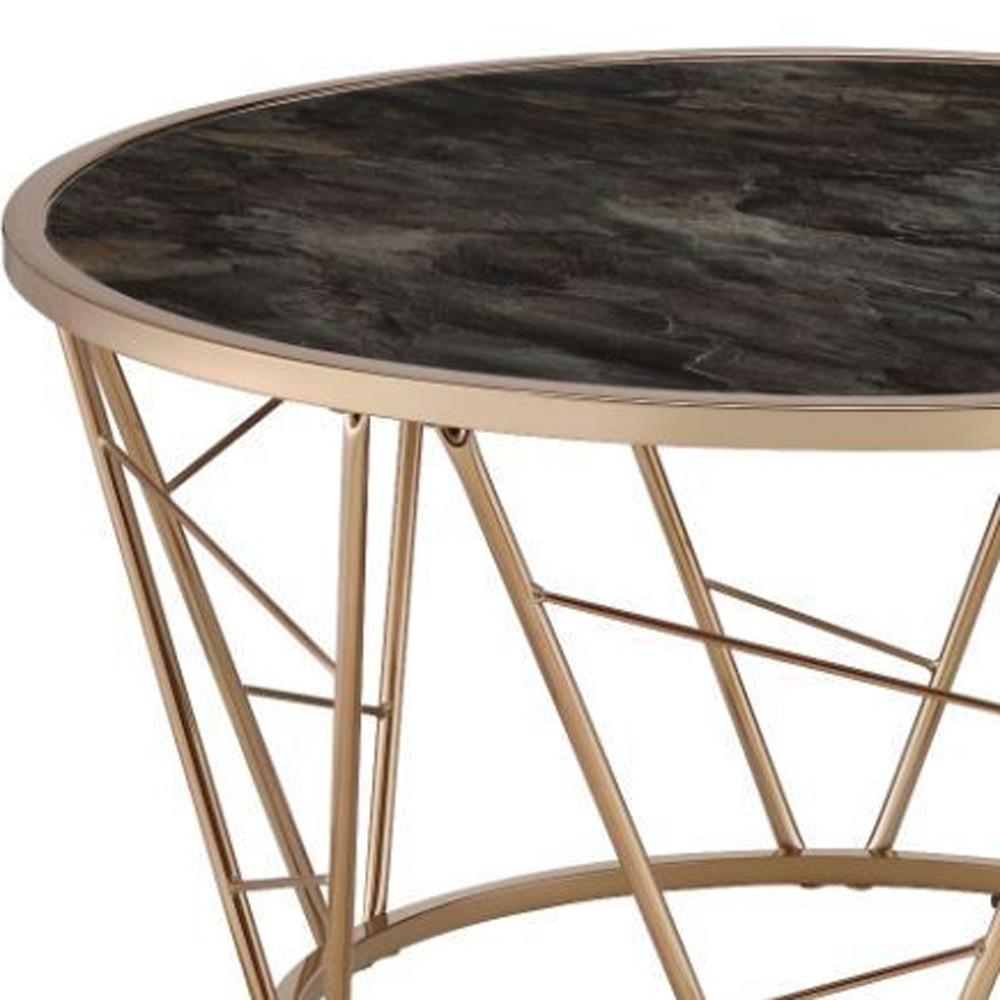 33" Gold Steel And Faux Black Marble Round Top Coffee Table. Picture 3