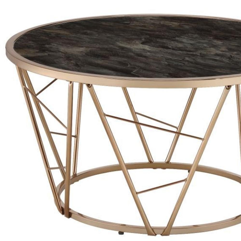 33" Gold Steel And Faux Black Marble Round Top Coffee Table. Picture 4