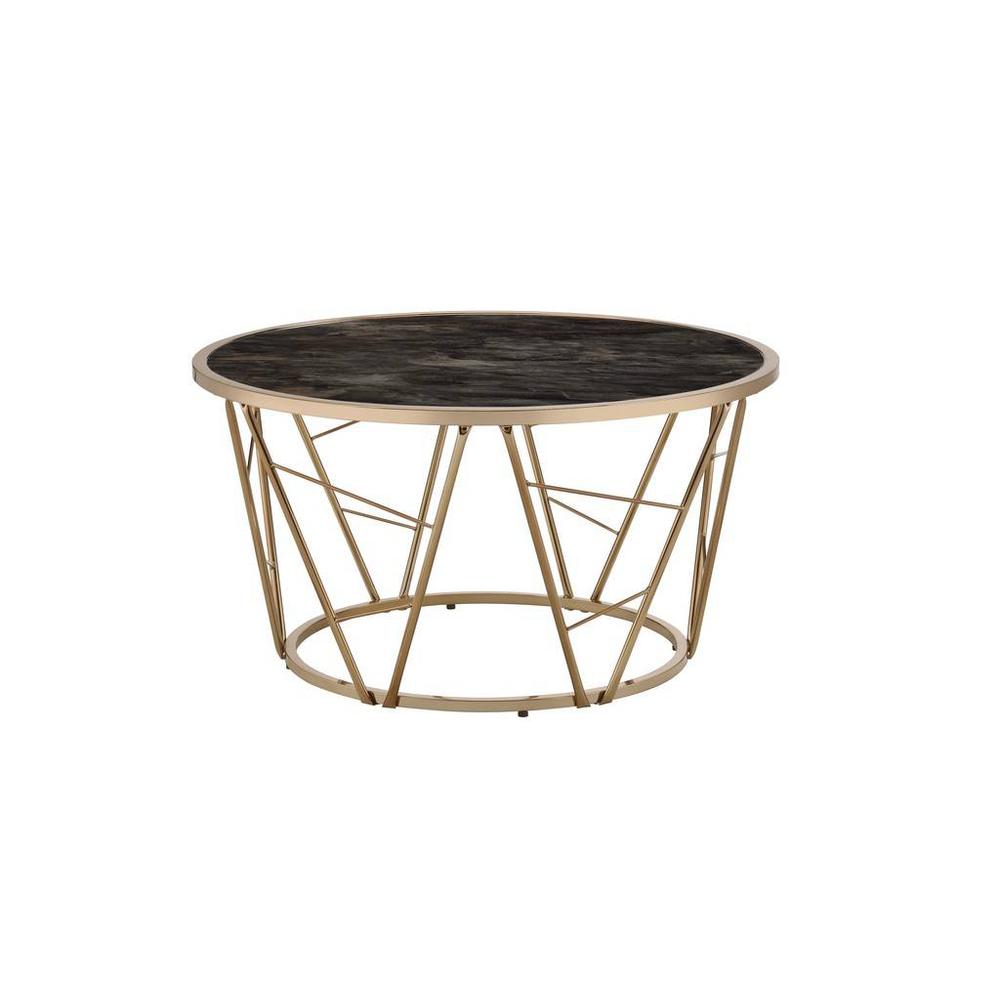 33" Gold Steel And Faux Black Marble Round Top Coffee Table. Picture 2