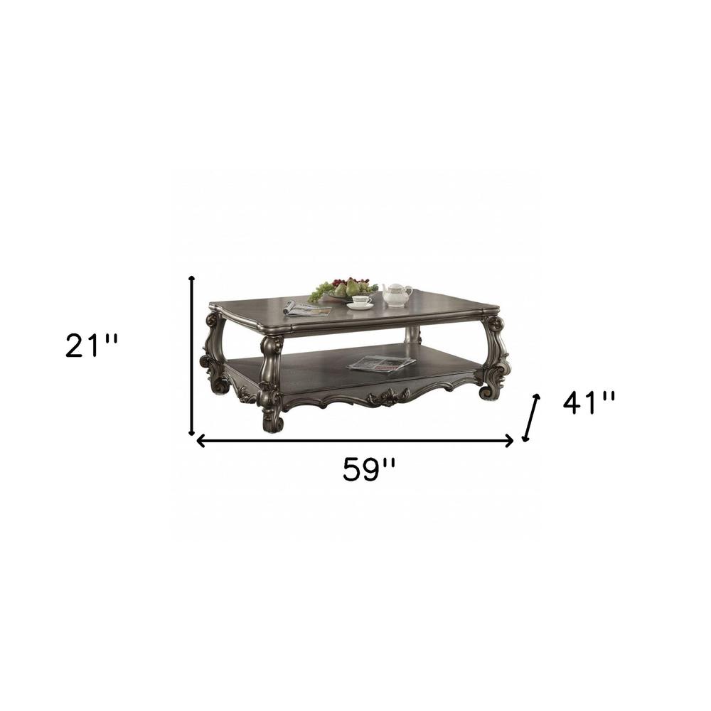 59" Antique Platinum Manufactured Wood Rectangular Coffee Table With Shelf. Picture 5